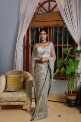 Pista Green Net Floral Embroidered Saree Set