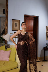 Brown Net Floral Embroidered Saree Set