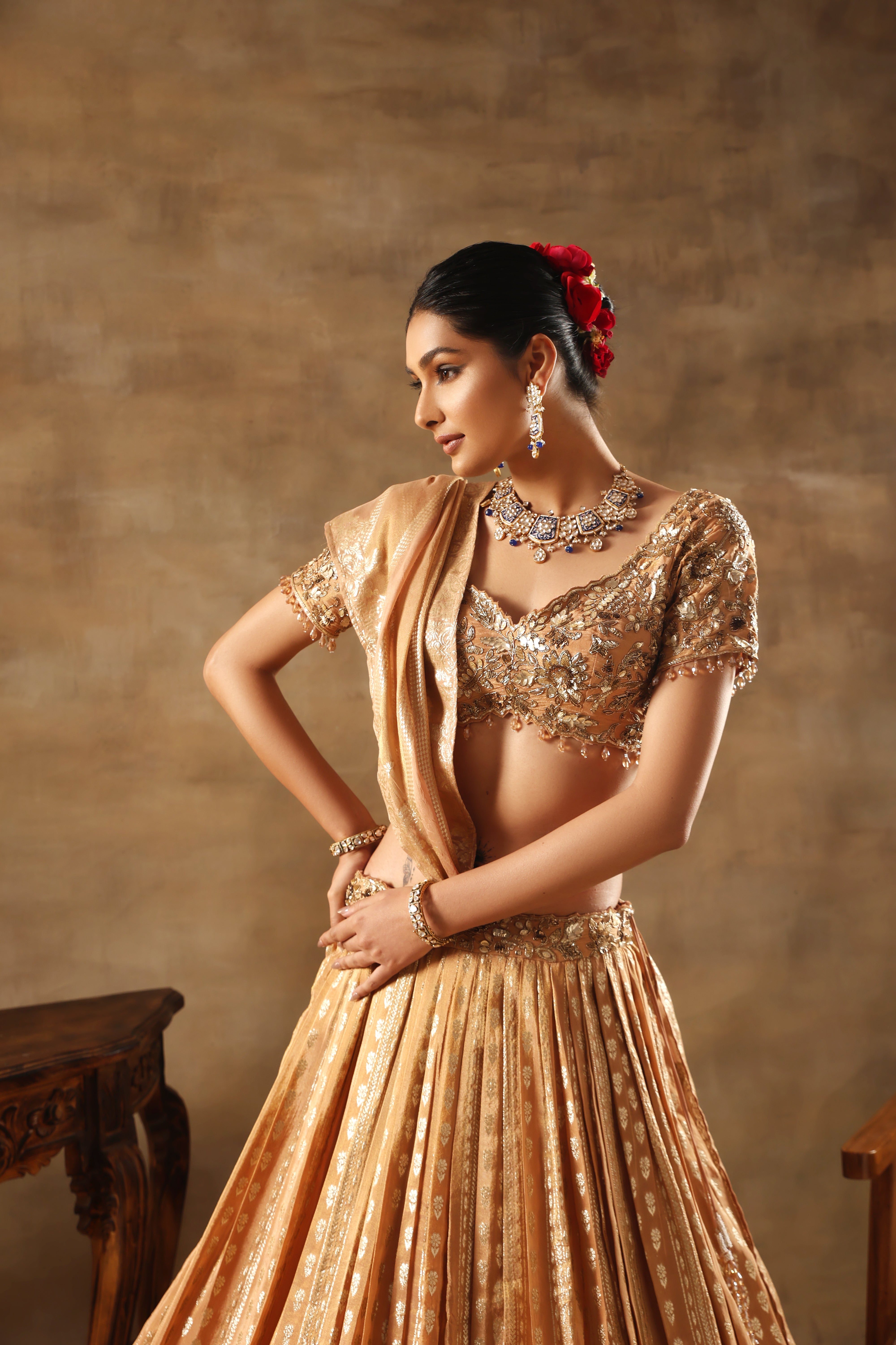 Gold Tissue jacquard Embroidered Lehenga Choli