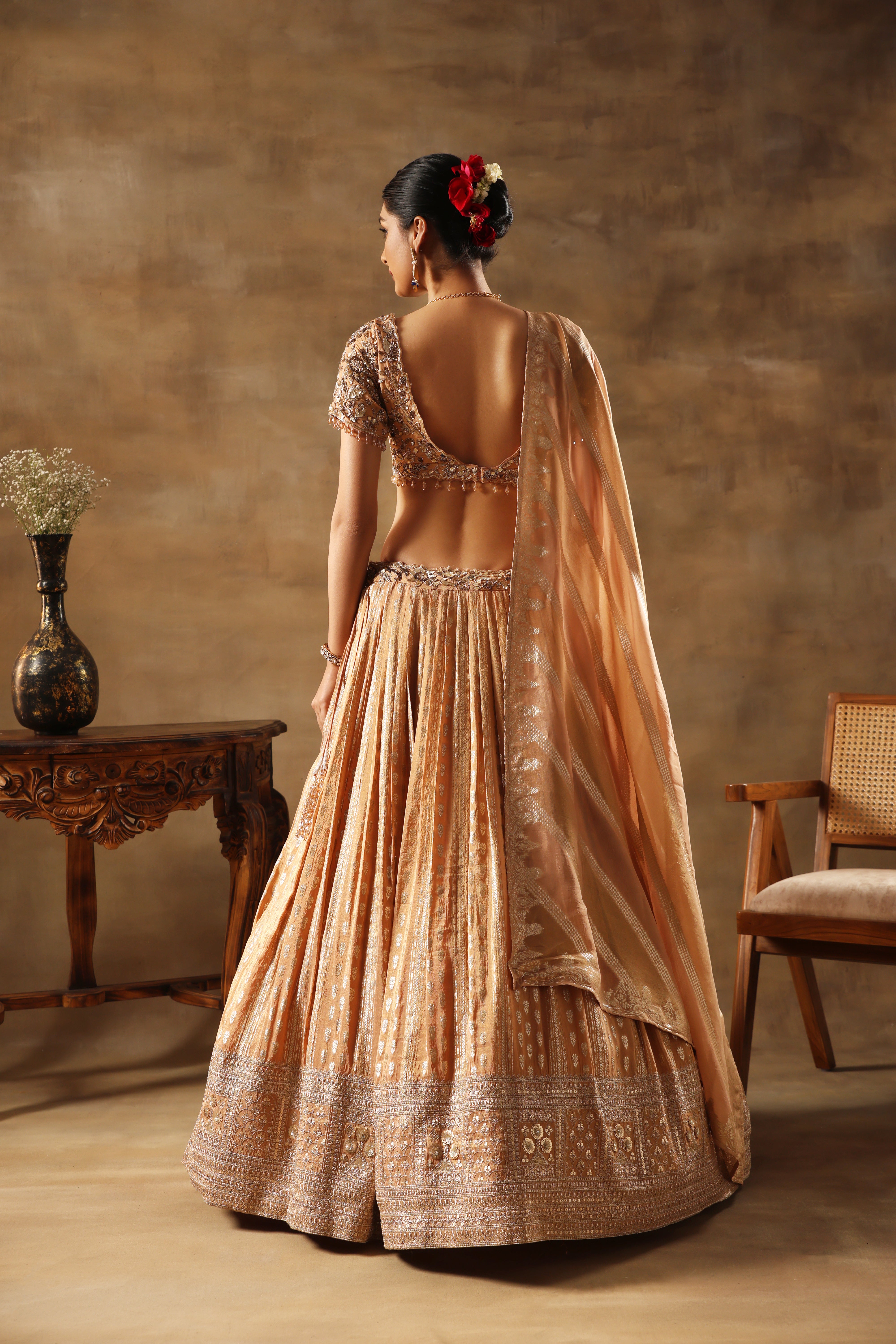 Gold Tissue jacquard Embroidered Lehenga Choli