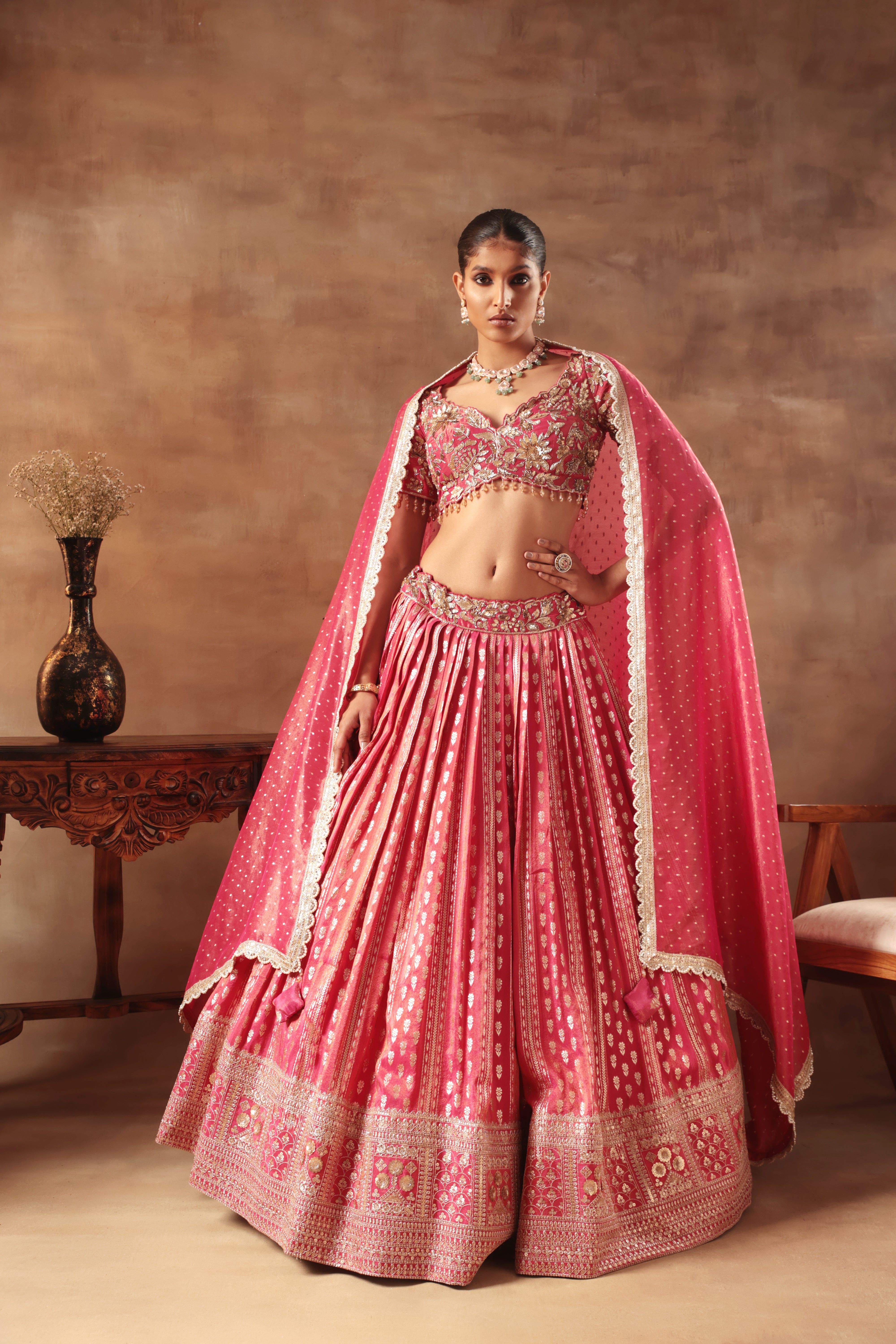 Magenta Tissue jacquard Embroidered Lehenga Choli