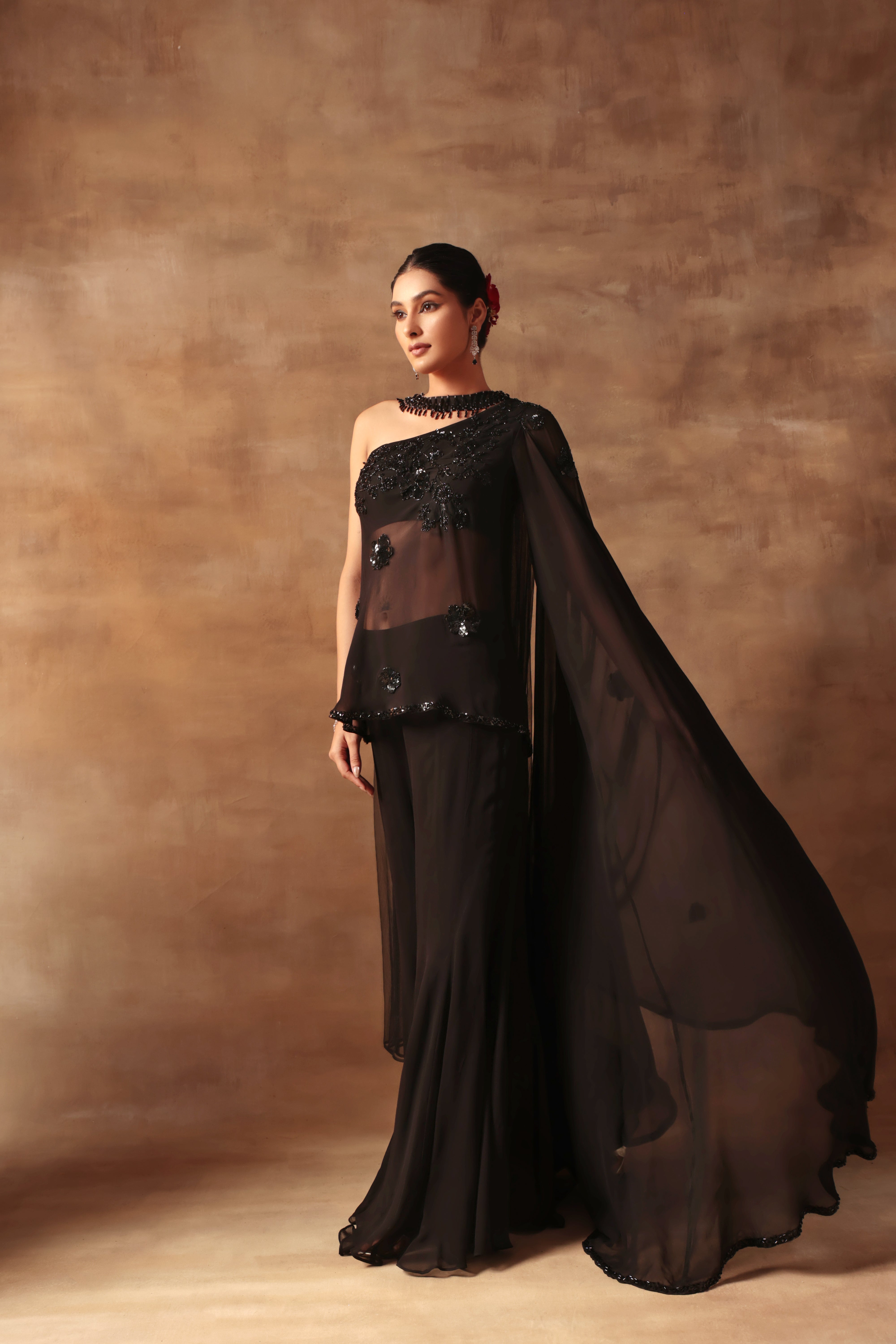 Black Bicecut Georgette Embroidered Shirt Sharara