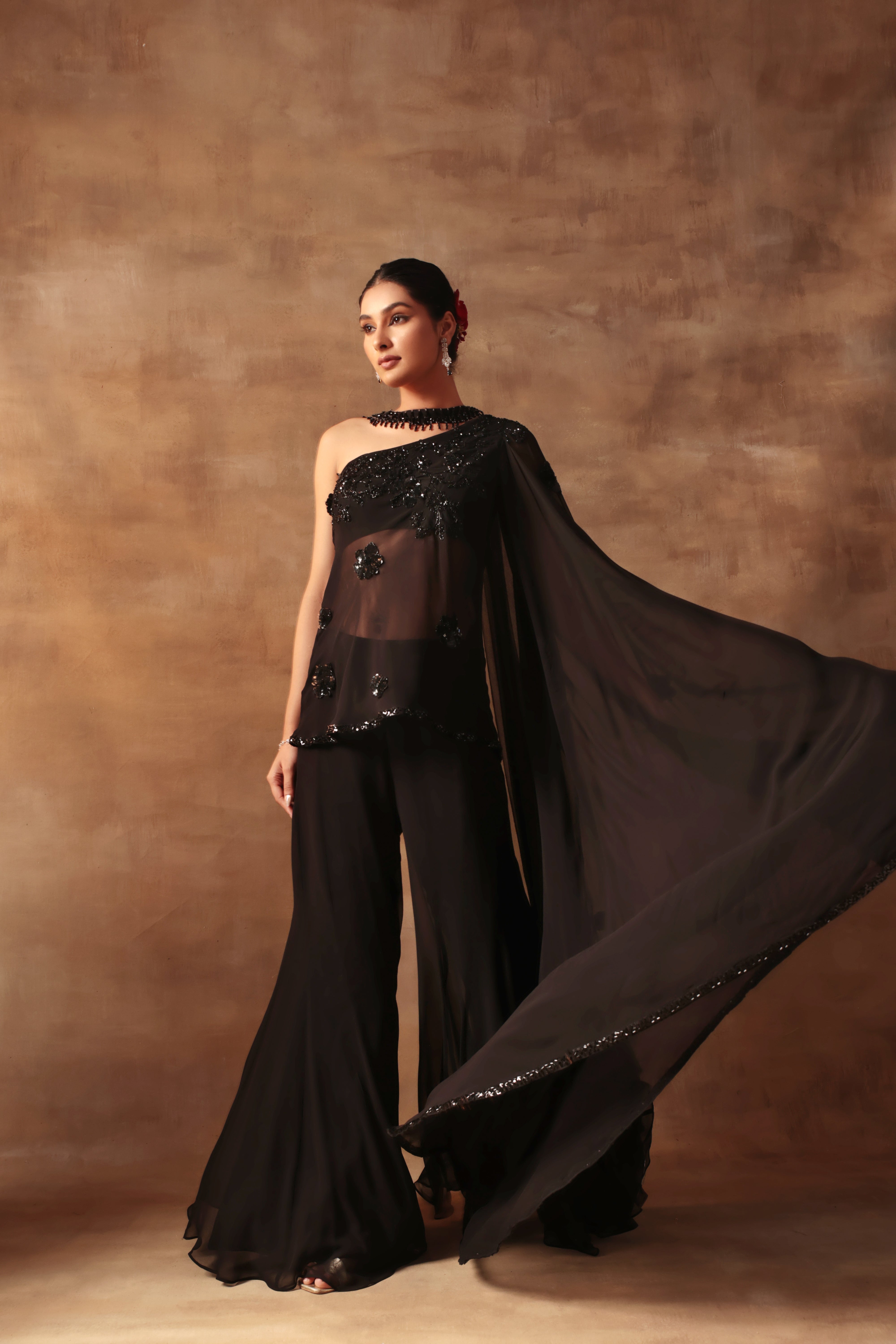 Black Bicecut Georgette Embroidered Shirt Sharara