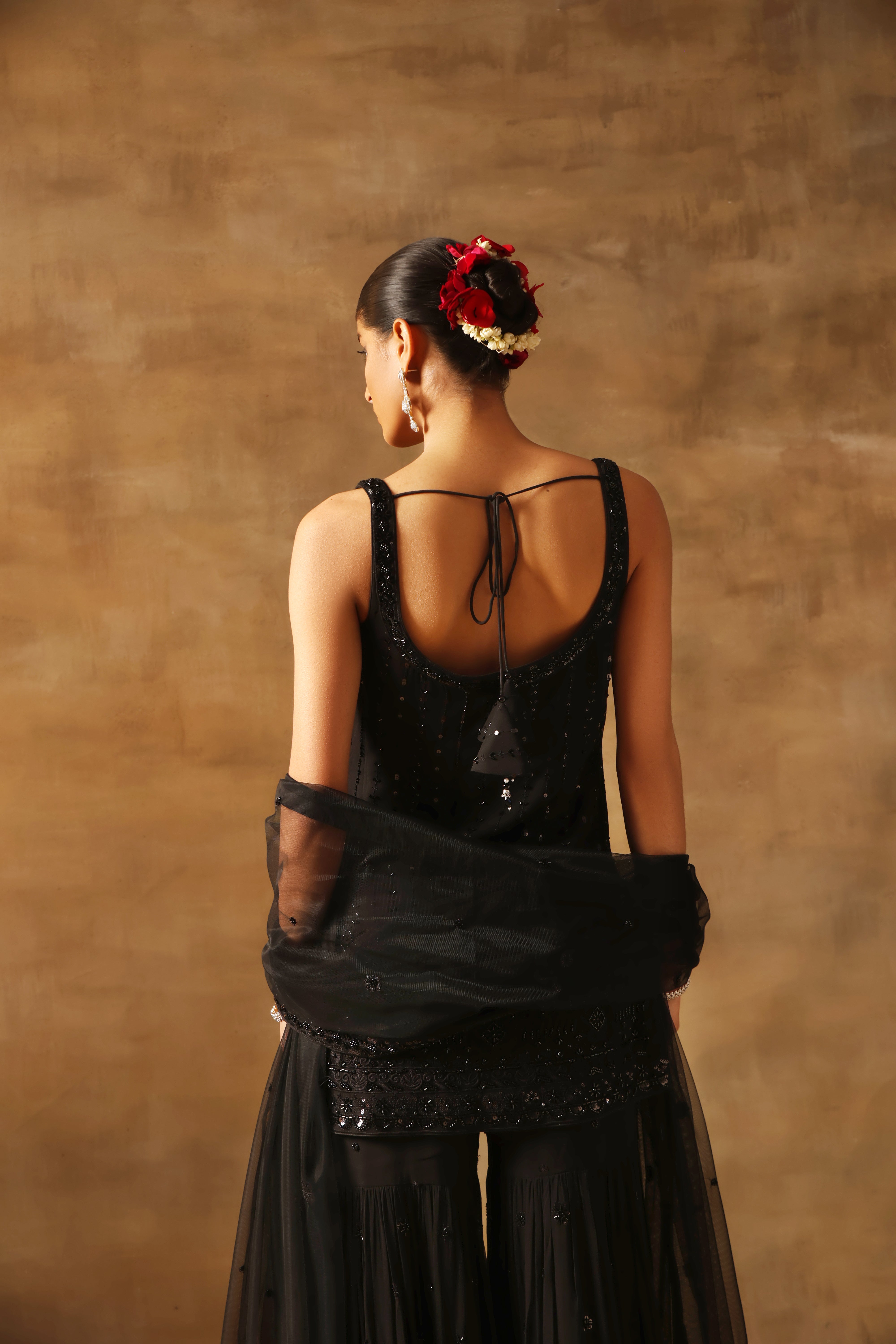 Black Tone On Tone Embroidered Shirt Sharara