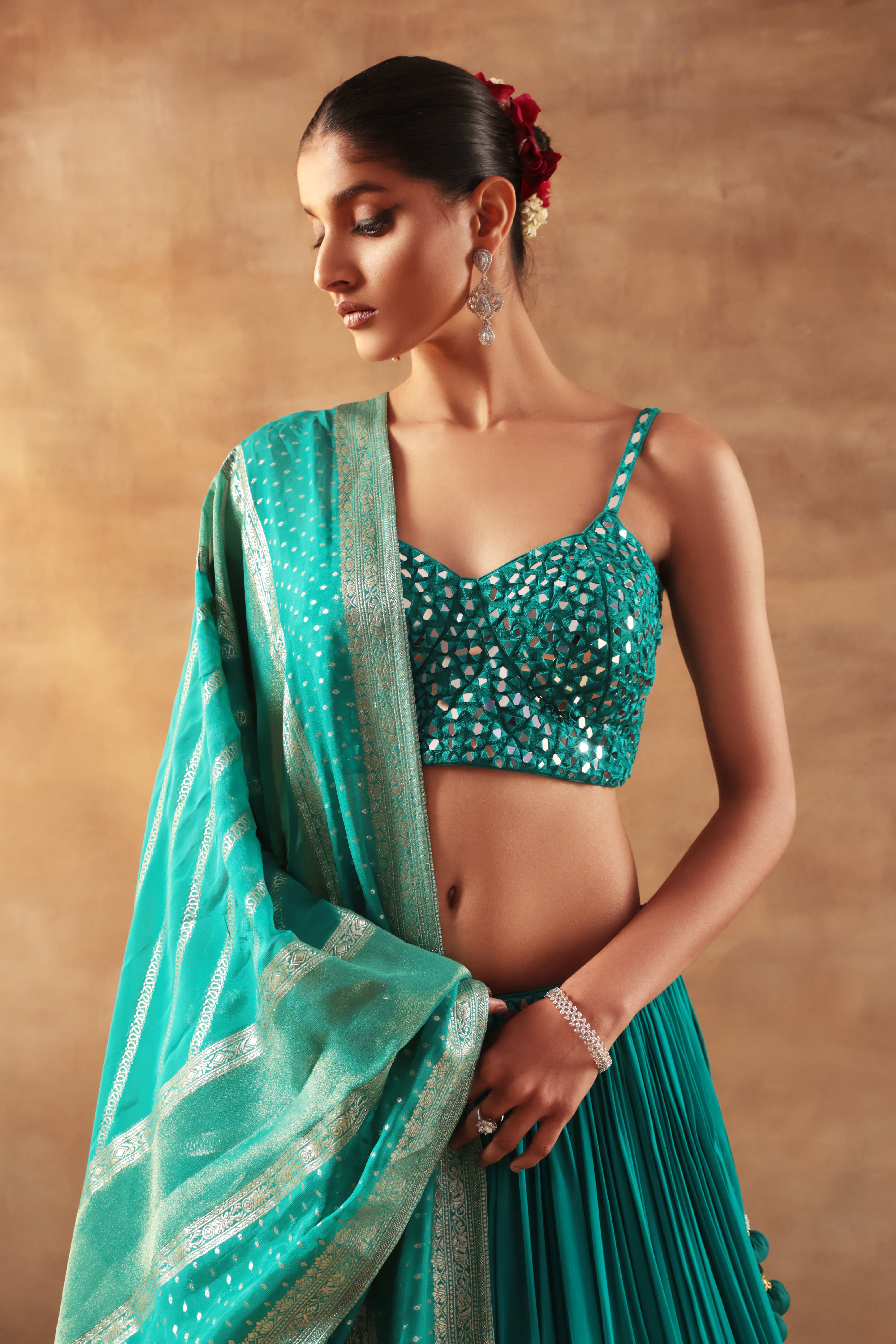 Firozi Mirror Work Lehenga – Festive Wear for Women