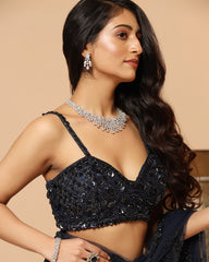 Blue Net Cutdana & Bead Work Saree Set
