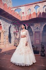 Beige Net & Viscose Georgette 3D Floral Embroidered Lehenga Set