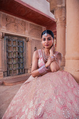 Pink Jacquard Tissue Hand Embellished Lehenga Set