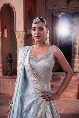 Ice Blue Tissue Hand Embellished Kalidar Anarkali Set