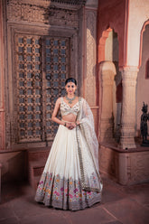Beige Net & Viscose Georgette Resham Work Lehenga Set