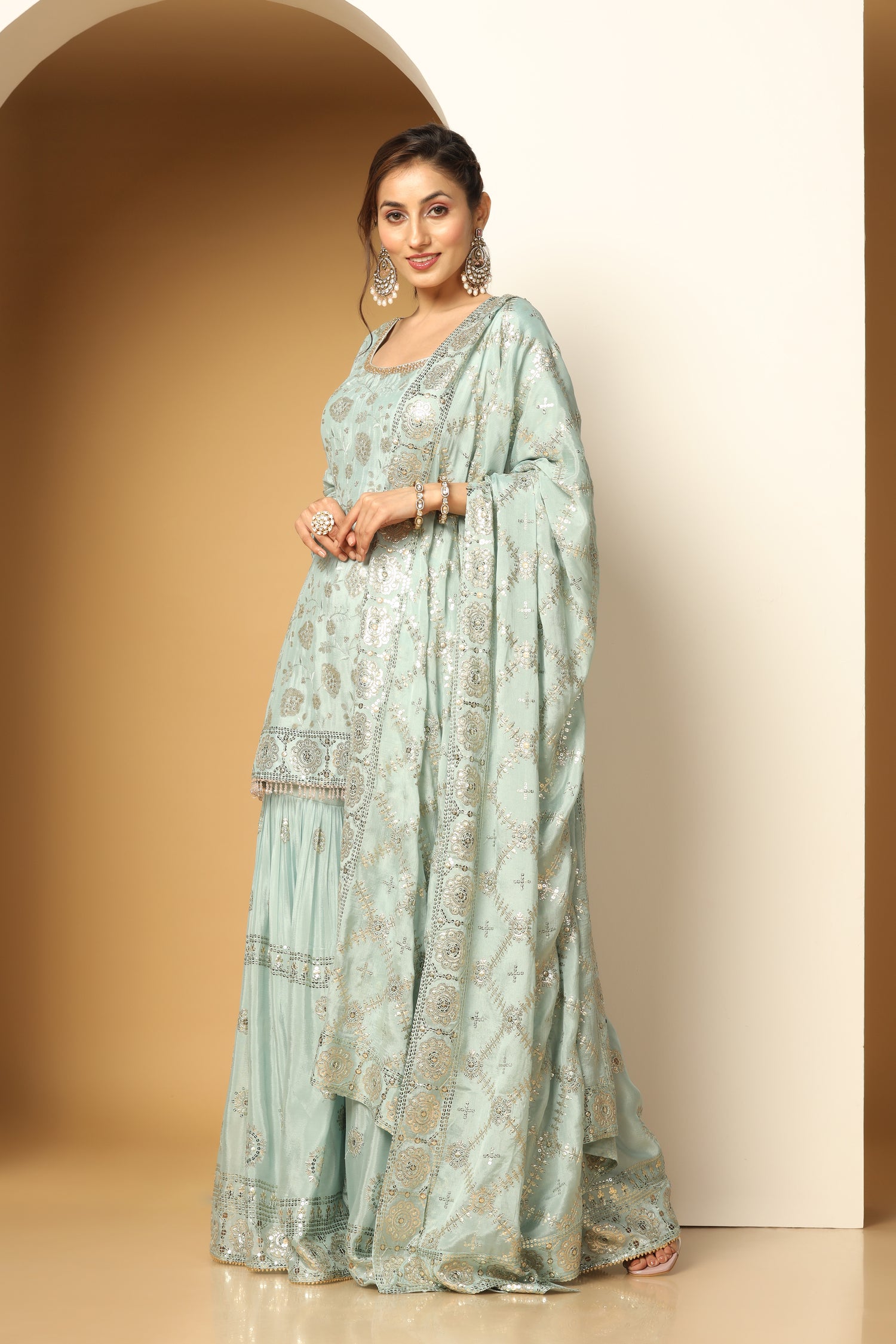 Sequin Floral Sharara Set – Blooming Garden Party Wear Look