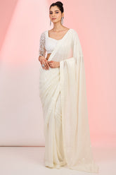 Ivory Georgette Sequins & Cutdana Hand Embellished Saree