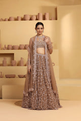 Net Flower motif kalidar Lehenga with geomatric choli