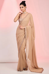 Fawn Georgette Cutdana & Sequins Hand Embellished Saree
