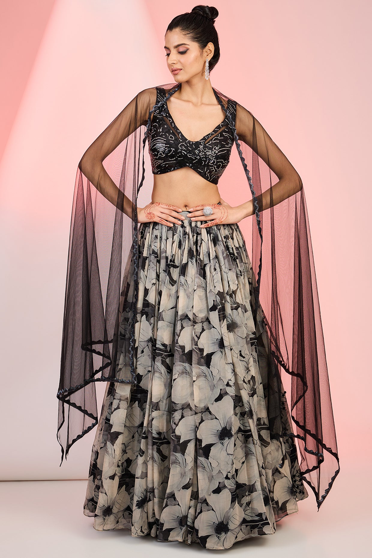 Printed fabric with cutdana sequin and stone hand embroidery