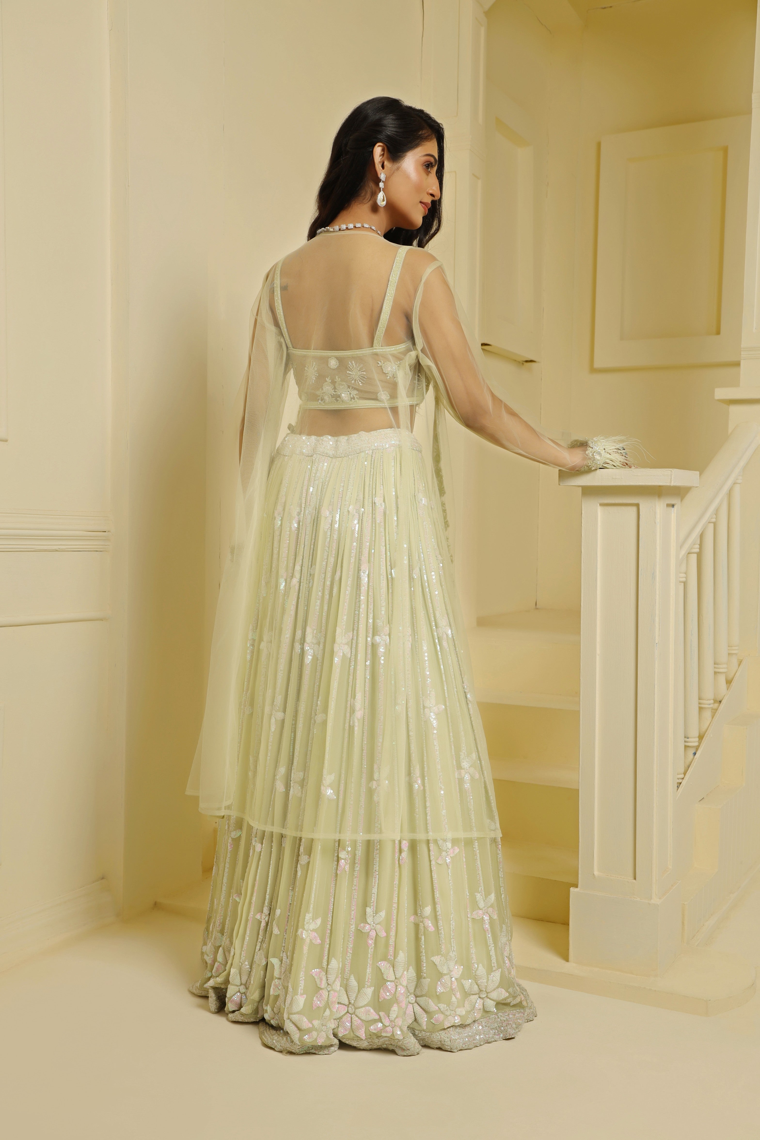 Sea Green Georgette Hand Embellished Jacket Lehenga