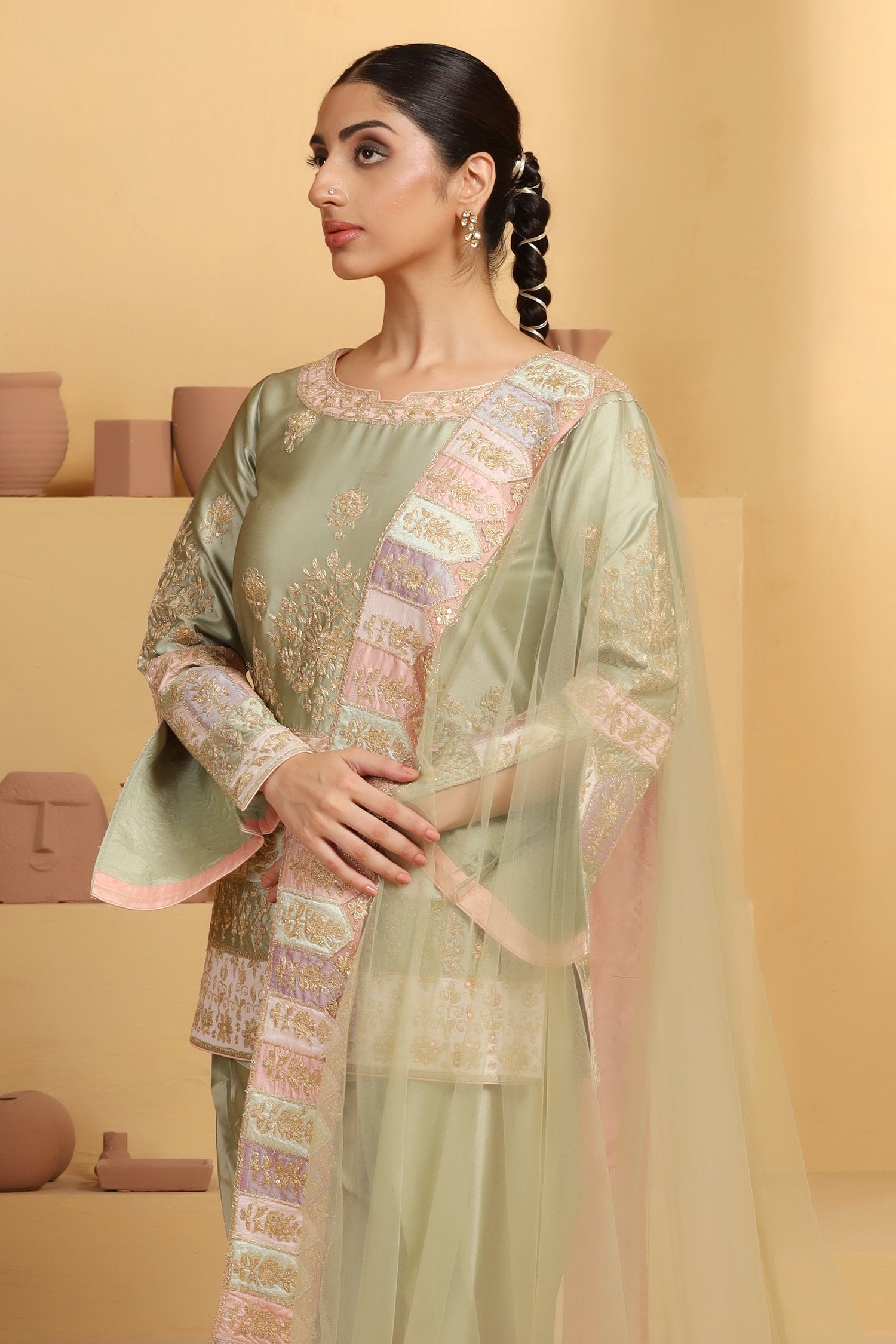 Color Patch & Dori Sequin Suit Set with Net Dupatta – Festive Look