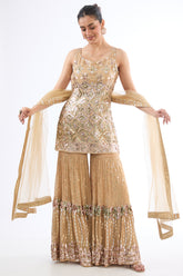 Golden Georgette Sequins Embroidered Sharara Set