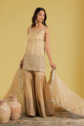 Peach Tissue Embroidered Gharara Set