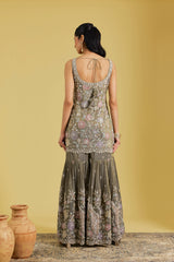 Mouse-Colored Tissue Embroidered Gharara Set