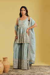 Ice Blue Tissue Embellished Gharara Set
