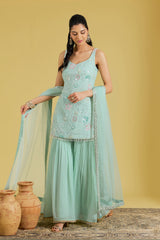 Sea green Resham & Cutdana Embellished Shirt Garara Set