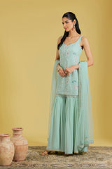 Sea green Resham & Cutdana Embellished Shirt Garara Set