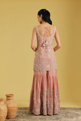 Peach Tissue Embroidered Gharara Set