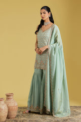 Ice Blue Tissue Embroidered Gharara Set