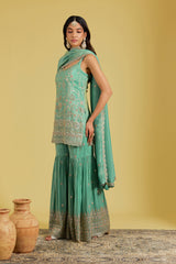 Sage Green Tissue Embroidered Gharara Set