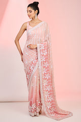 Peachy Pink Georgette Sequins Embroidered Saree