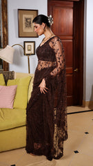 Brown Net Floral Embroidered Saree Set