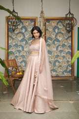 Pink Net Sweetheart Neck Embellished And Woven Lehenga Set
