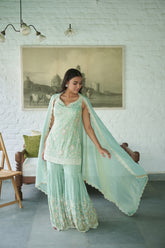 Ice Blue Tissue V-neck Embroidered Kurta Gharara Set