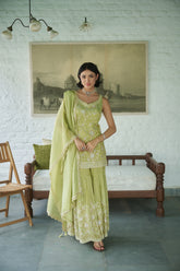 Sage green tissue V-neck Embroidered Kurta Gharara Set
