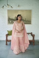 Pink Sweetheart Neck Floral Embroidered Kurta Gharara Set