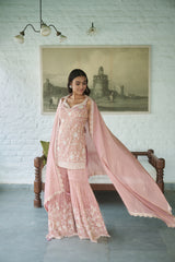 Pink Sweetheart Neck Floral Embroidered Kurta Gharara Set