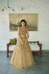 Gold Net Scoop Neck Geometric Embroidered Lehenga Set