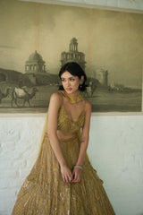 Gold Net Scoop Neck Geometric Embroidered Lehenga Set