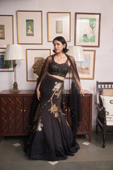Black Jacquard, Net Sweetheart Neck Embroidered Lehenga Set