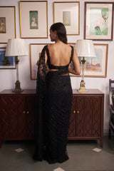 Black Net V-neck Embellished Floral Saree And Choli Set