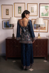 Blue V-neck Embroidered Kurta Sharara Set