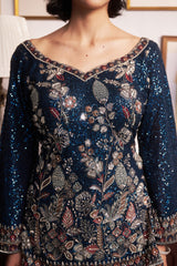 Blue V-neck Embroidered Kurta Sharara Set