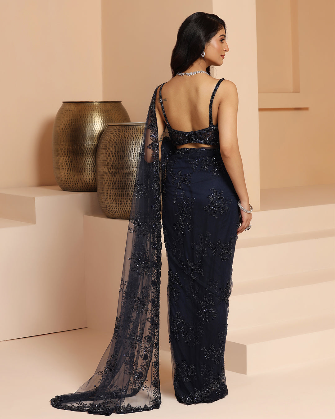 Blue Net Cutdana & Bead Work Saree Set