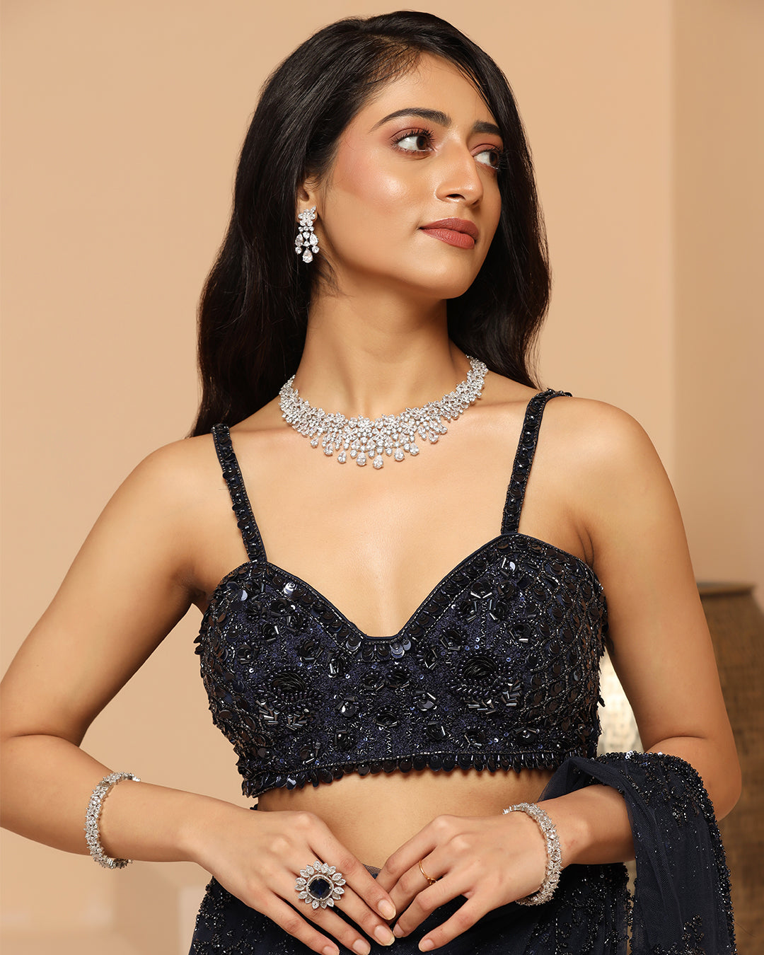 Blue Net Cutdana & Bead Work Saree Set