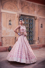 Pink Jacquard Tissue Hand Embellished Lehenga Set