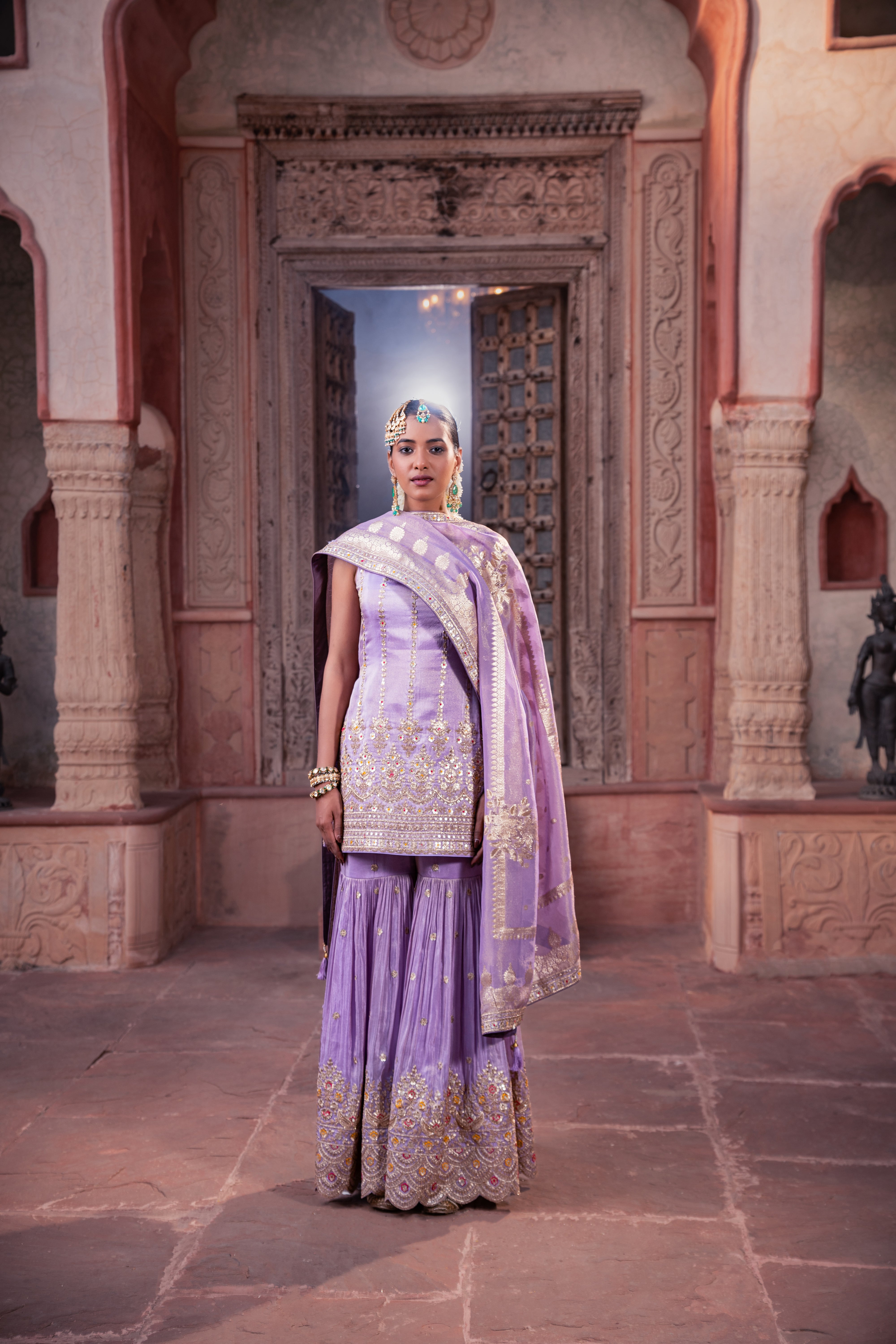 Lavender Embroidered Kurta Sharara Set