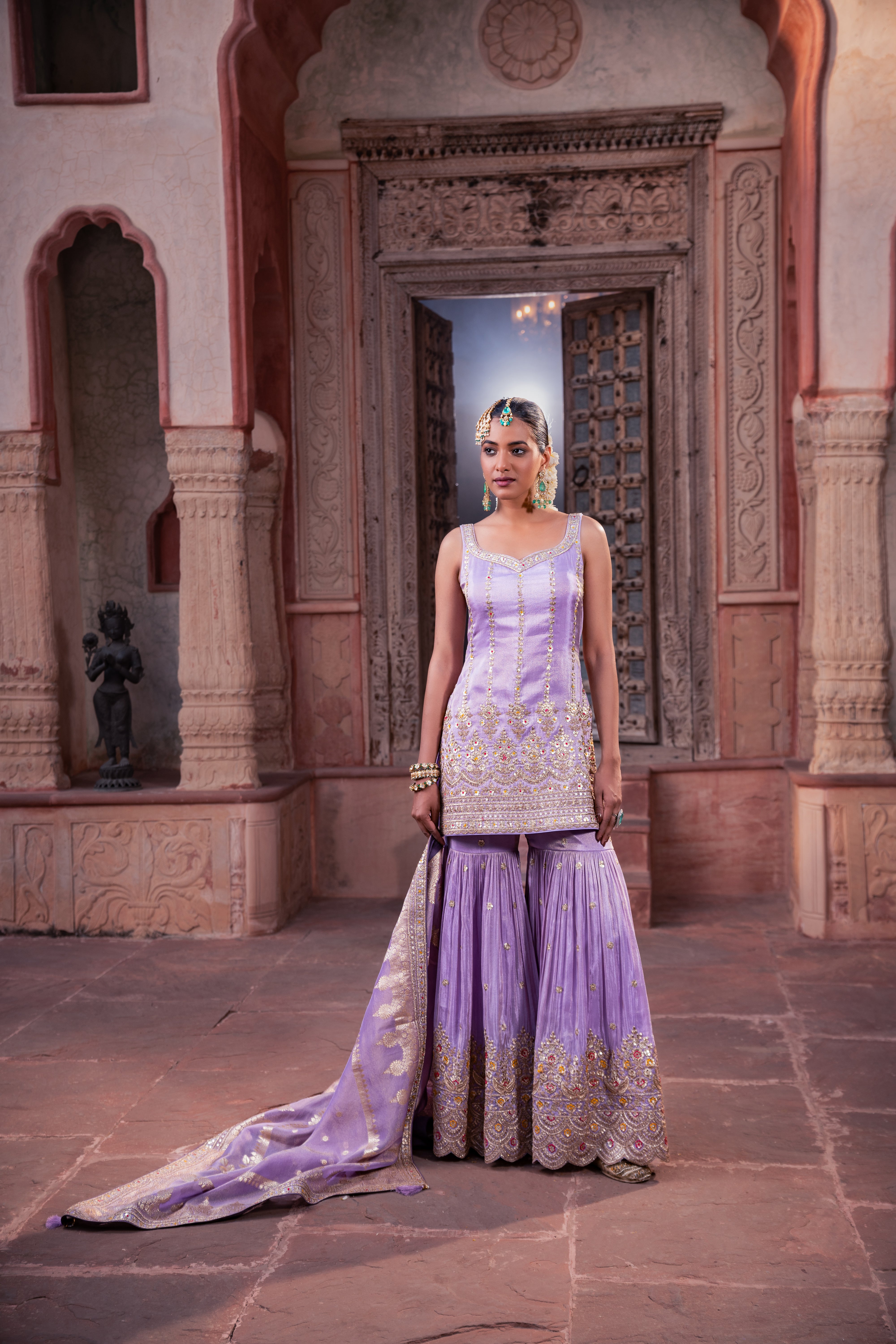 Lavender Embroidered Kurta Sharara Set