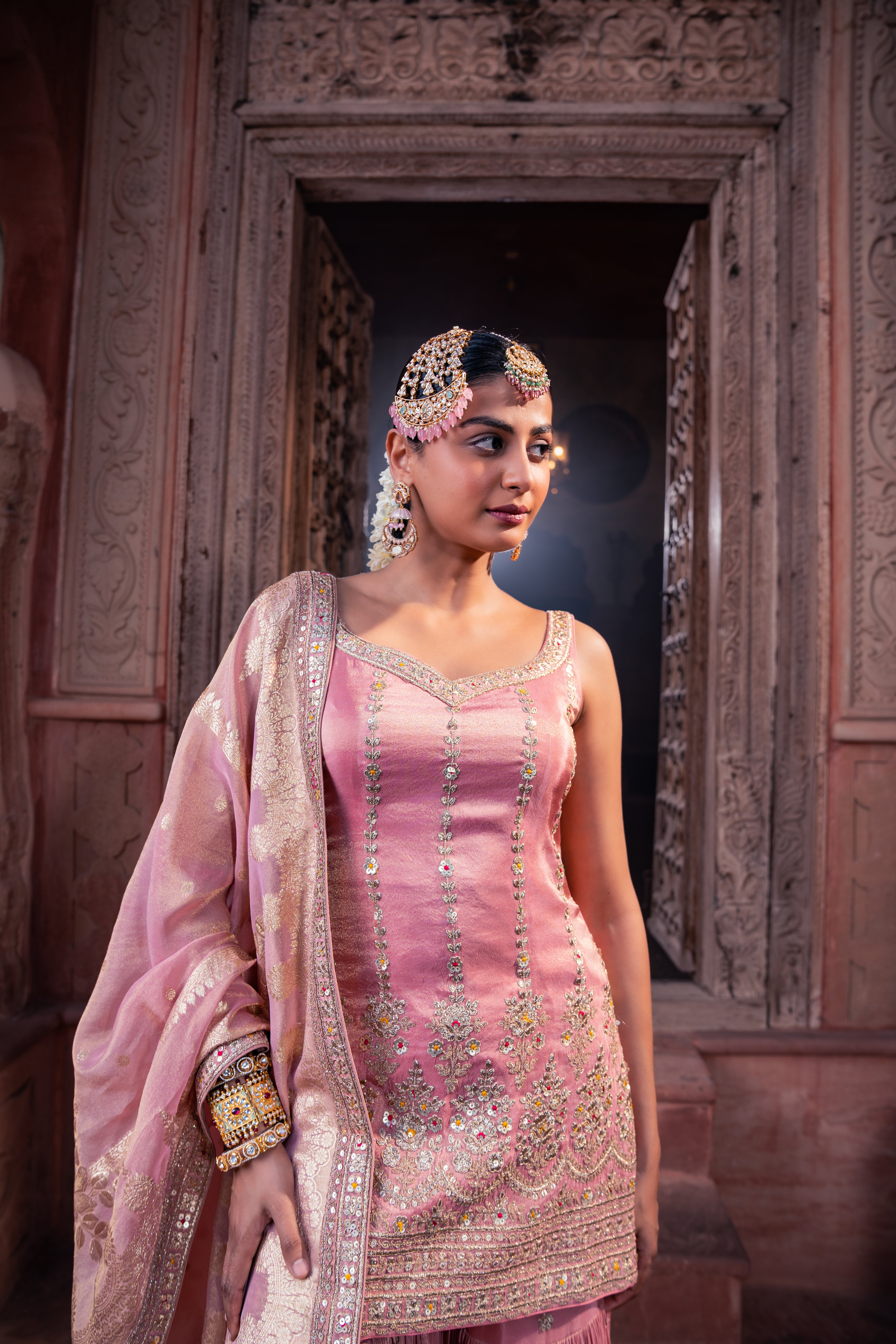 Pink Tissue Sequins Embellished Sharara Set