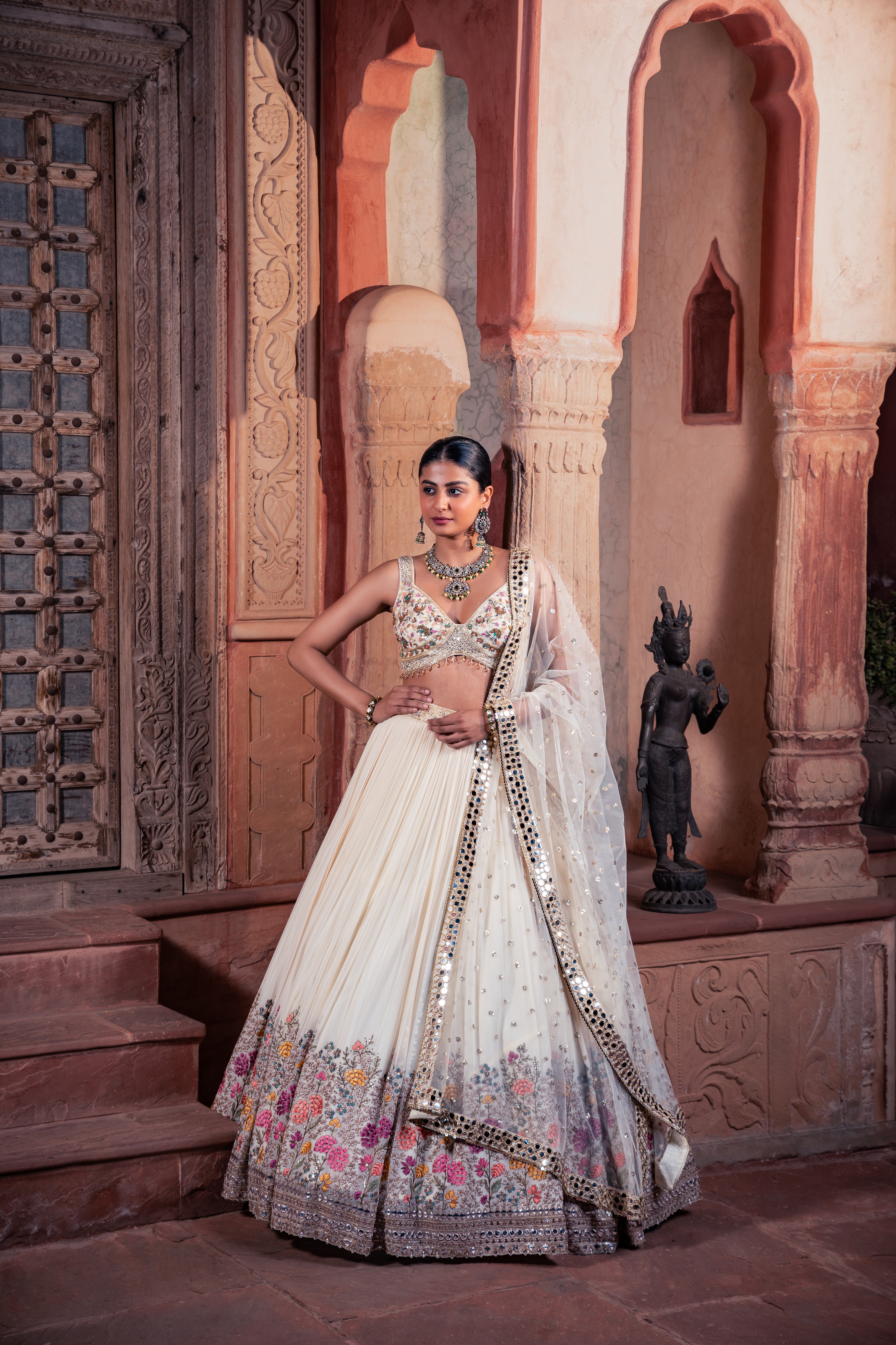 Beige Net & Viscose Georgette Resham Work Lehenga Set